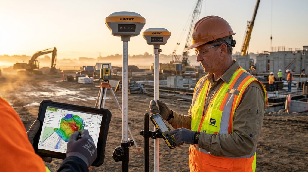 Profissional de topografia utilizando tecnologias modernas em levantamento de campo com GNSS e sistemas digitais integrados.