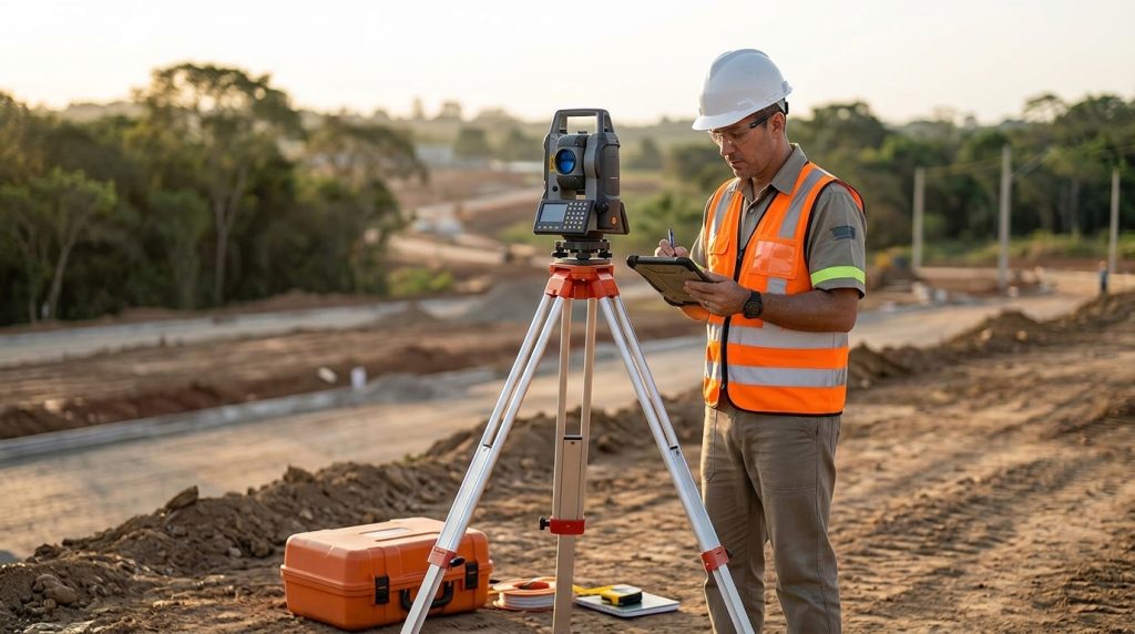 Topógrafo realizando cadastro técnico de estação total em associação profissional