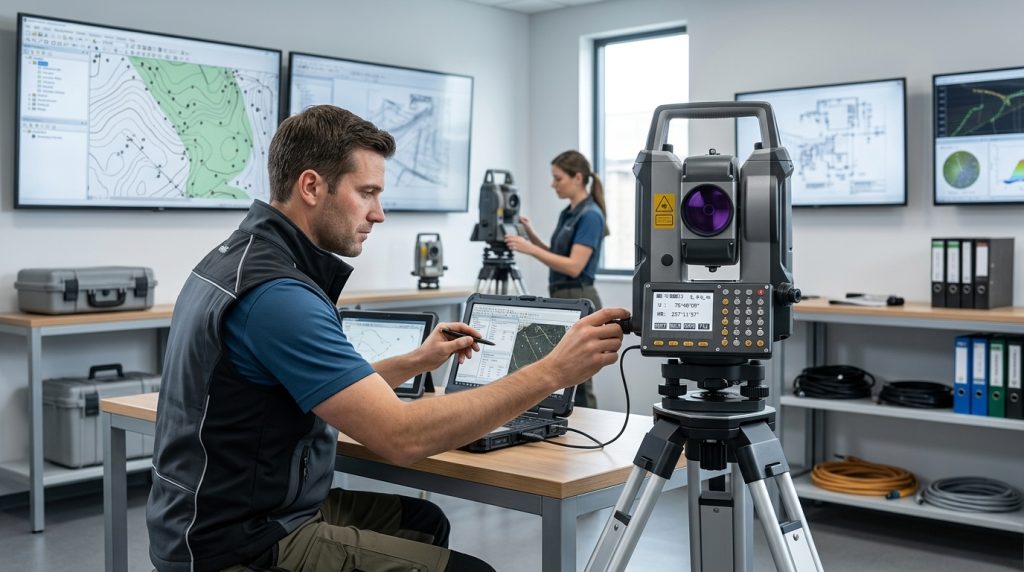 Profissionais participando de capacitação técnica em topografia com equipamentos modernos e tecnologias geoespaciais