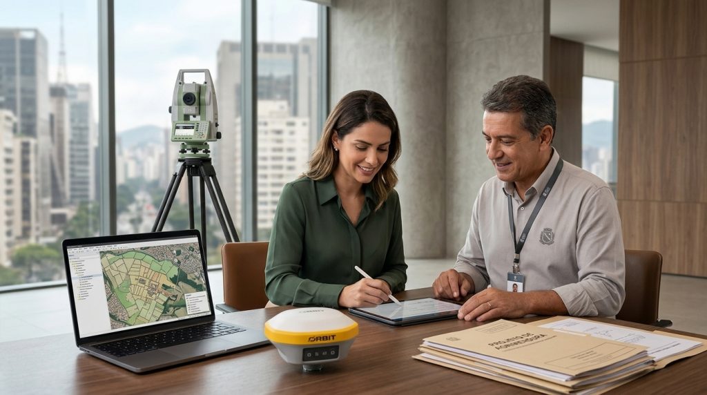 Profissional da topografia realizando associação institucional com suporte técnico da APAT em ambiente corporativo