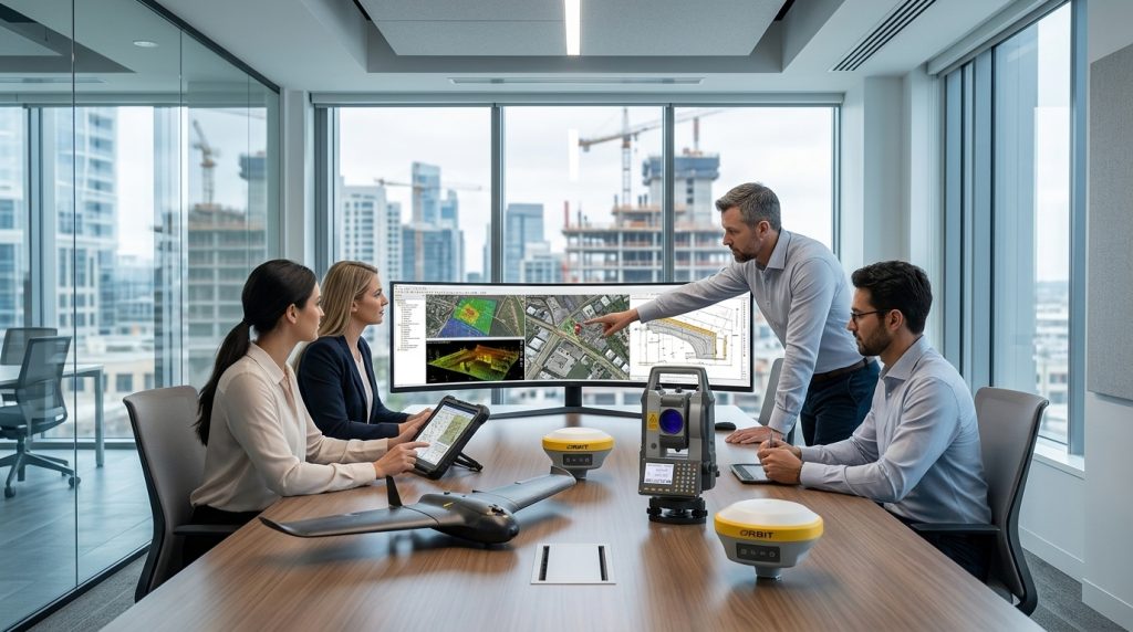 Equipe de empresa de topografia em ambiente corporativo utilizando tecnologias geoespaciais e equipamentos modernos para gestão técnica e operacional.