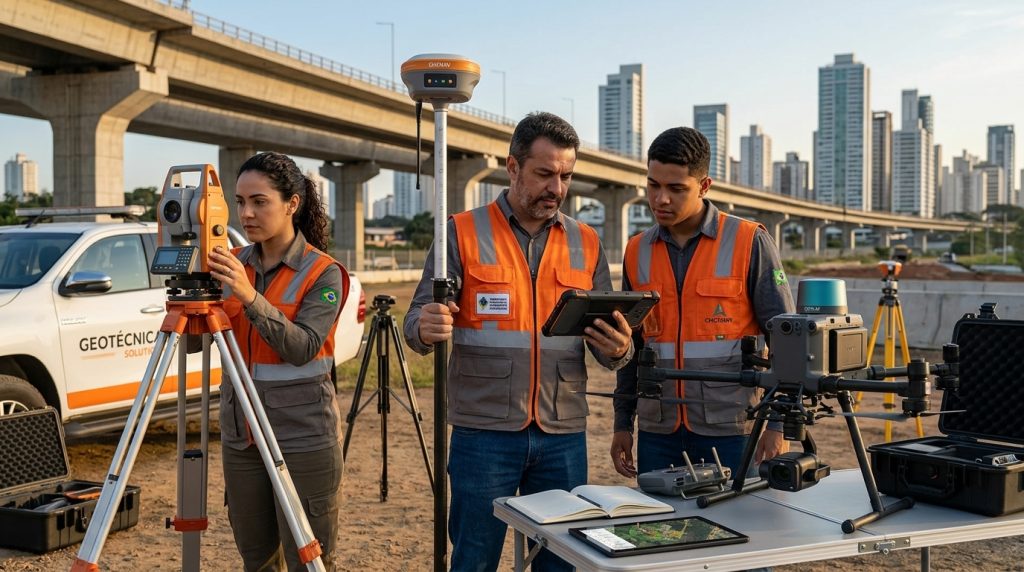 Equipe de empresa de topografia utilizando equipamentos GNSS RTK e estação total em levantamento técnico de campo