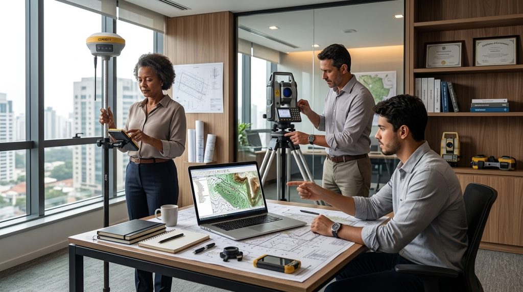 Profissionais da topografia analisando diferentes modelos de associação da APAT com equipamentos GNSS e estação total