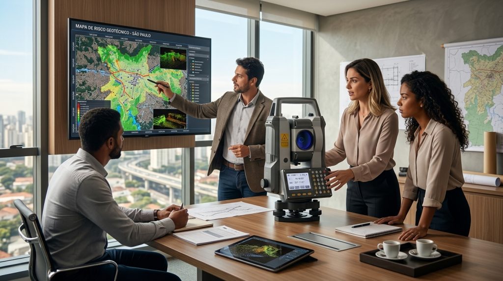 Profissionais da topografia participando de parceria técnica com empresas de tecnologia geoespacial em ambiente institucional