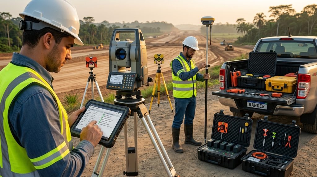 Equipe de topografia realizando manutenção preventiva e organização de equipamentos GNSS e estação total em campo