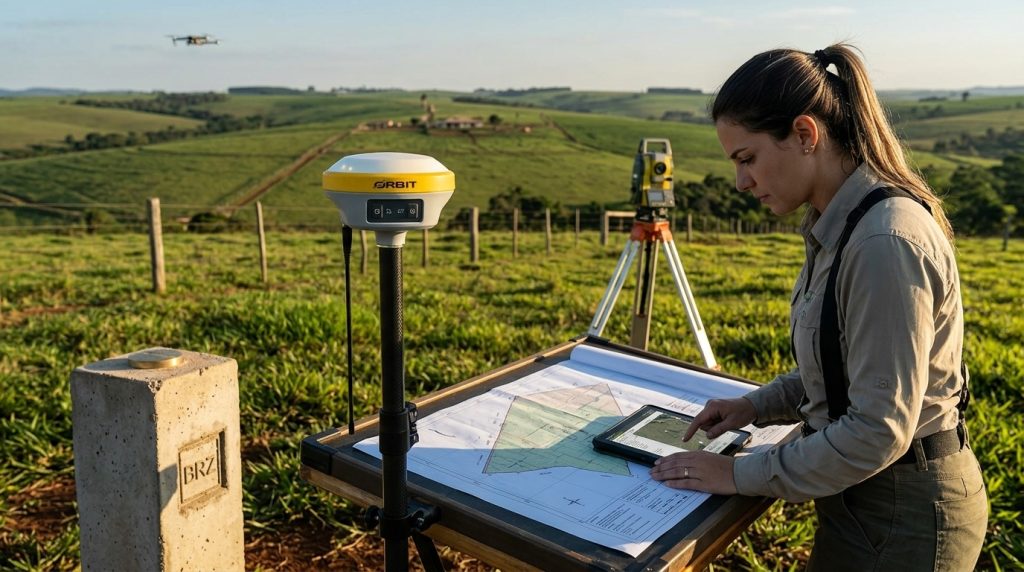 Profissional de topografia realizando georreferenciamento de imóvel para proteção patrimonial e definição precisa de limites territoriais