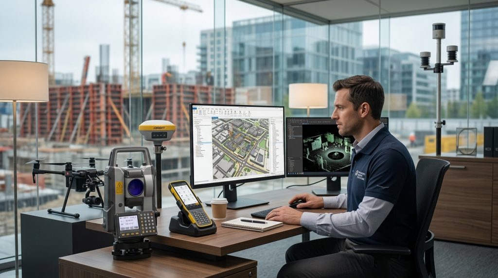 Topógrafo autônomo utilizando tecnologias modernas de topografia em ambiente profissional e institucional em 2026.