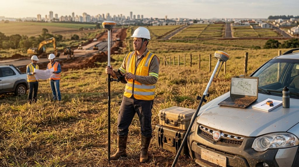 Topógrafo autônomo realizando levantamento topográfico com receptor GNSS RTK em área de obra e georreferenciamento rural
