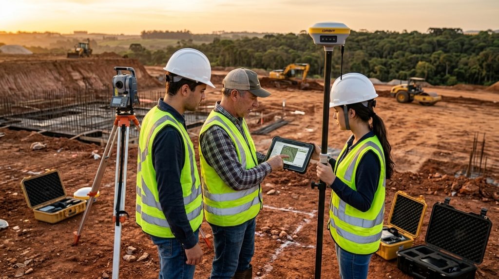 Treinamento técnico em topografia com uso de GNSS RTK e estação total em atividade prática de campo