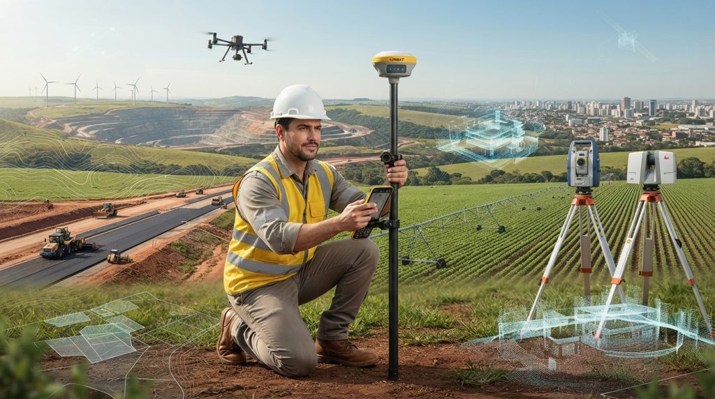 Profissional de topografia utilizando receptor GNSS RTK em projeto de infraestrutura, representando as oportunidades de carreira e a evolução do mercado de topografia em 2026.