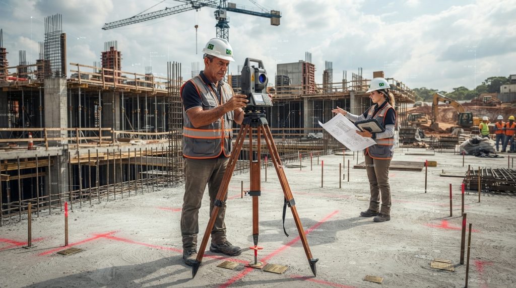 Topógrafo utilizando estação total robótica para realizar a fiscalização topográfica de uma obra, validando alinhamentos, nivelamentos e a conformidade da execução com o projeto.