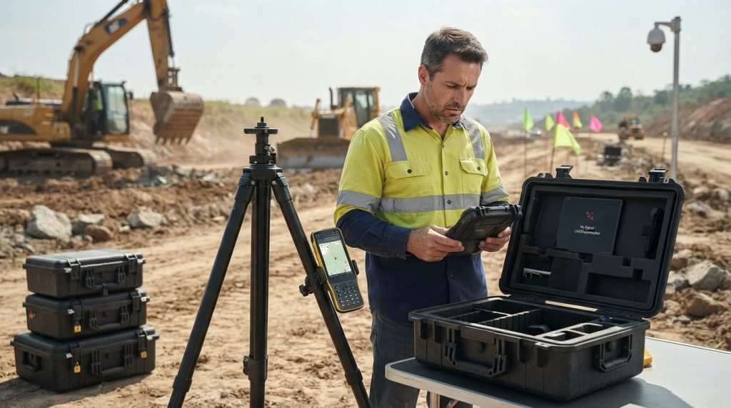 Topógrafo verificando a ausência de um receptor GNSS RTK em um canteiro de obras, ilustrando os riscos do furto de equipamentos topográficos e a importância da proteção patrimonial.
