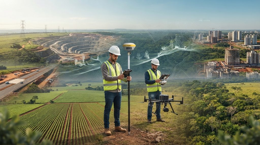 Profissionais de topografia utilizando GNSS RTK e drone em projeto de infraestrutura, representando o mercado topográfico brasileiro e sua evolução tecnológica.