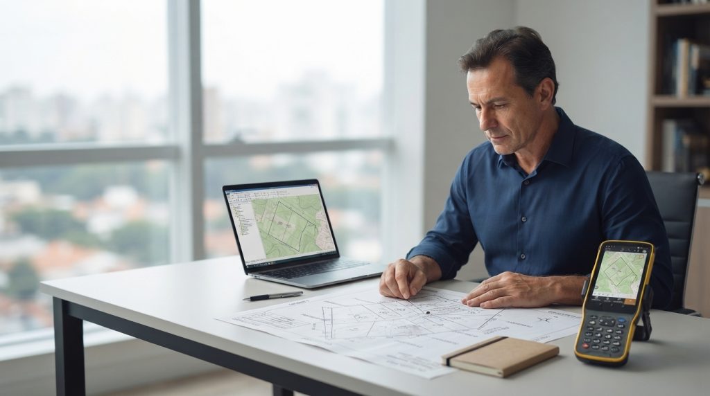 Perito judicial agrimensor analisando mapa cadastral e dados técnicos para elaboração de laudo pericial.