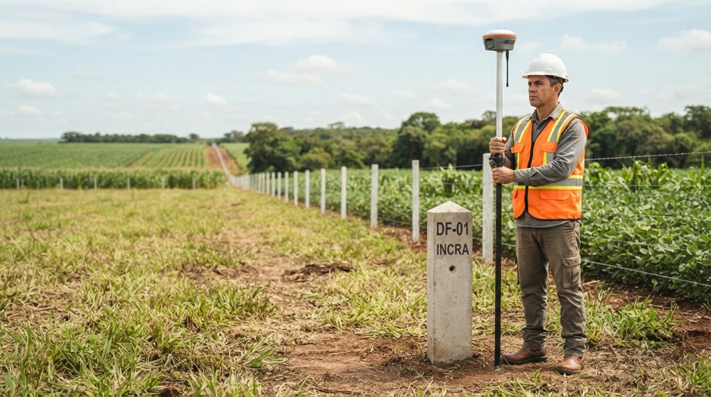 Profissional habilitado para regularização fundiária realizando levantamento com receptor GNSS RTK em propriedade rural.