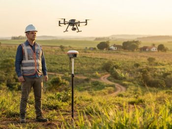 Profissional da agrimensura acompanhando drone de mapeamento com receptor GNSS em área rural.