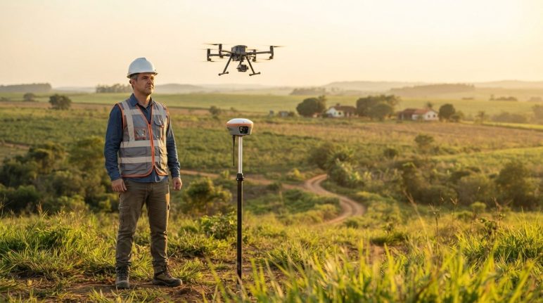 Profissional da agrimensura acompanhando drone de mapeamento com receptor GNSS em área rural.