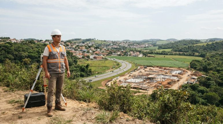 Topógrafo observando diferentes áreas de atuação da topografia, como construção civil, infraestrutura e agricultura.