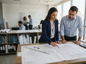 Profissionais analisando projeto técnico que representa a responsabilidade técnica em levantamentos topográficos.