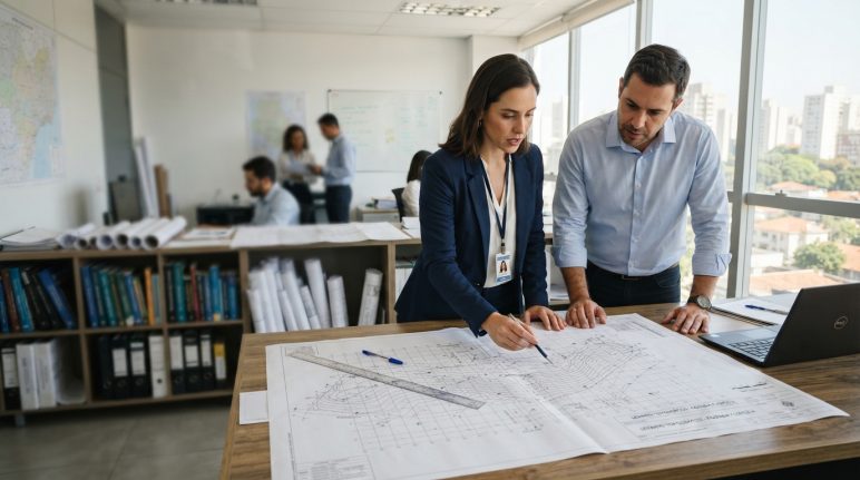 Profissionais analisando projeto técnico que representa a responsabilidade técnica em levantamentos topográficos.