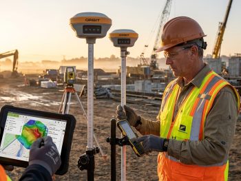Profissional de topografia utilizando tecnologias modernas em levantamento de campo com GNSS e sistemas digitais integrados.