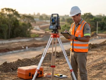 Topógrafo realizando cadastro técnico de estação total em associação profissional
