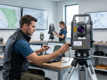 Profissionais participando de capacitação técnica em topografia com equipamentos modernos e tecnologias geoespaciais