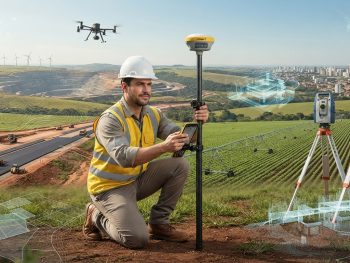 carreira-topografia-profissoes-mercado-oportunidades Profissional de topografia utilizando receptor GNSS RTK em projeto de infraestrutura, representando as oportunidades de carreira e a evolução do mercado de topografia em 2026.