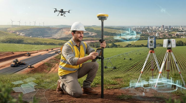 carreira-topografia-profissoes-mercado-oportunidades Profissional de topografia utilizando receptor GNSS RTK em projeto de infraestrutura, representando as oportunidades de carreira e a evolução do mercado de topografia em 2026.