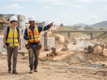 Topógrafo experiente orientando um jovem profissional em projeto de infraestrutura, representando a carreira na topografia.