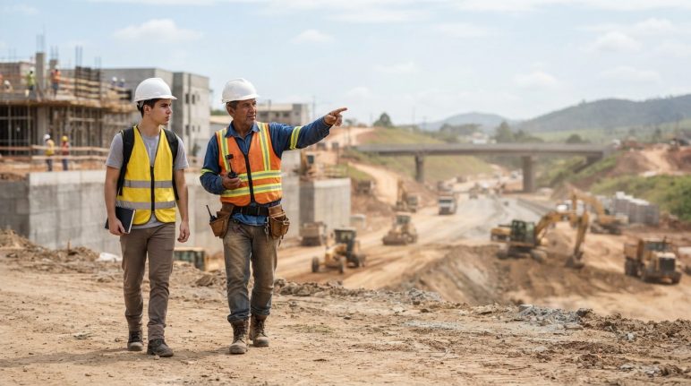 Topógrafo experiente orientando um jovem profissional em projeto de infraestrutura, representando a carreira na topografia.