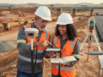 como-entrar-mercado-topografia-primeiros-passos Profissional experiente orientando um iniciante no uso de um receptor GNSS RTK durante um levantamento topográfico em campo, representando os primeiros passos para entrar no mercado de topografia.