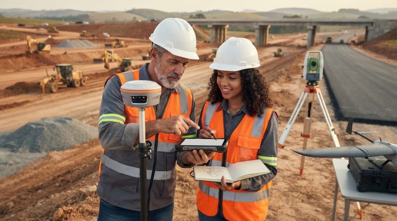 como-entrar-mercado-topografia-primeiros-passos Profissional experiente orientando um iniciante no uso de um receptor GNSS RTK durante um levantamento topográfico em campo, representando os primeiros passos para entrar no mercado de topografia.