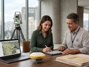 Profissional da topografia realizando associação institucional com suporte técnico da APAT em ambiente corporativo