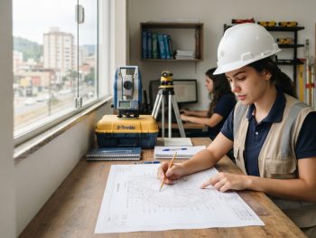 Estudante de topografia analisando material técnico durante formação profissional em agrimensura.