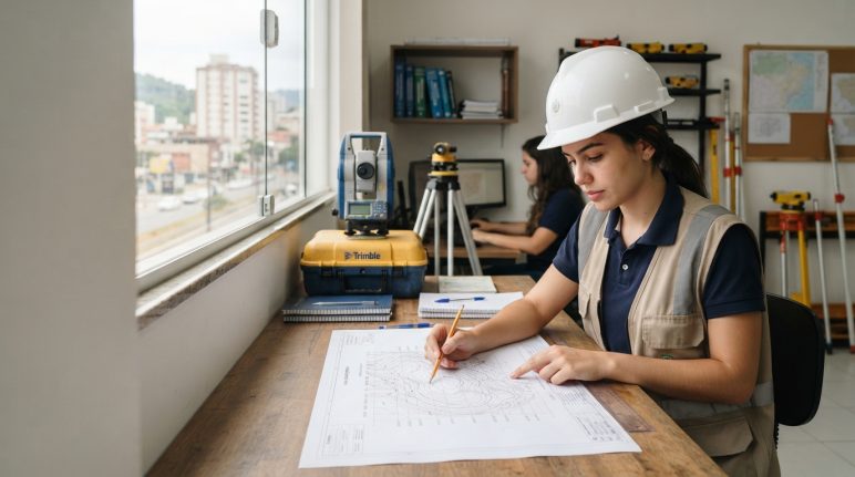 Estudante de topografia analisando material técnico durante formação profissional em agrimensura.