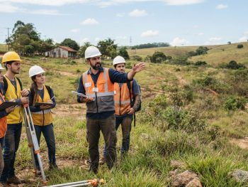 Instrutor ministrando treinamento prático de topografia para estudantes e profissionais iniciantes em ambiente externo.