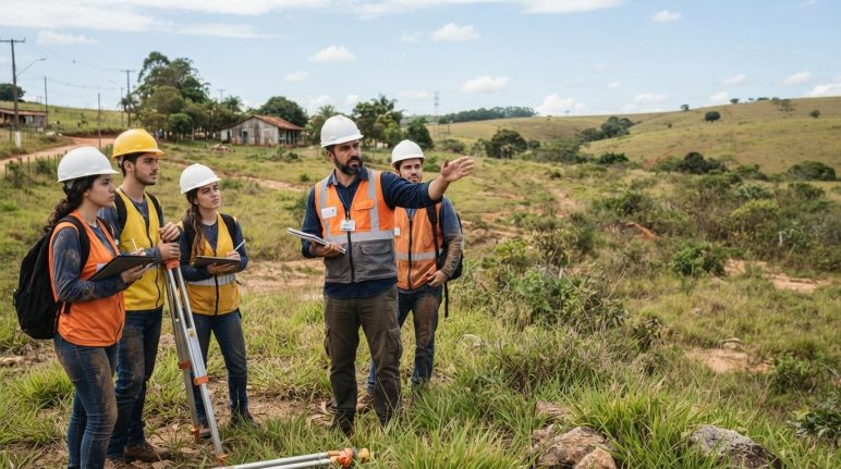 Instrutor ministrando treinamento prático de topografia para estudantes e profissionais iniciantes em ambiente externo.