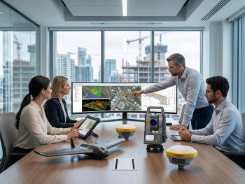 Equipe de empresa de topografia em ambiente corporativo utilizando tecnologias geoespaciais e equipamentos modernos para gestão técnica e operacional.