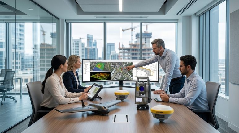 Equipe de empresa de topografia em ambiente corporativo utilizando tecnologias geoespaciais e equipamentos modernos para gestão técnica e operacional.