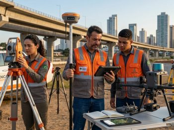 Equipe de empresa de topografia utilizando equipamentos GNSS RTK e estação total em levantamento técnico de campo