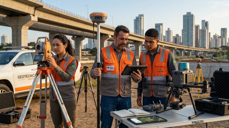Equipe de empresa de topografia utilizando equipamentos GNSS RTK e estação total em levantamento técnico de campo