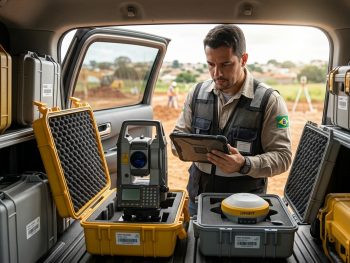 Profissional da topografia organizando equipamentos GNSS e estação total com foco em proteção patrimonial e segurança operacional