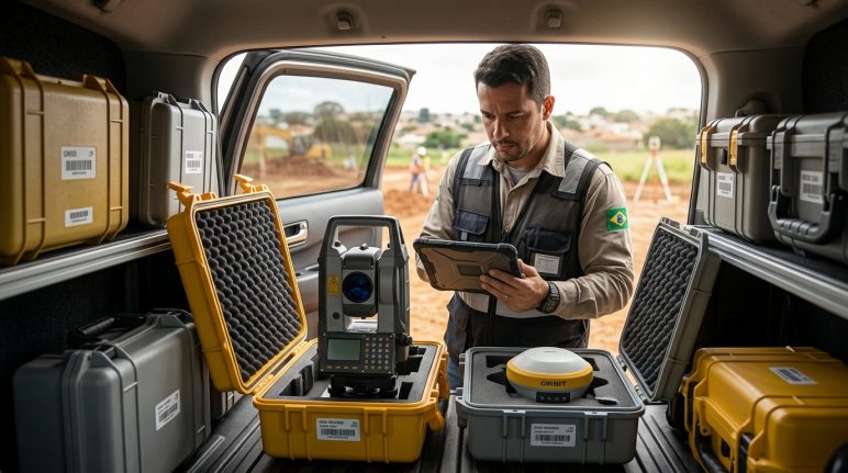 equipamento-topografico-roubado-protecao Profissional da topografia organizando equipamentos GNSS e estação total com foco em proteção patrimonial e segurança operacional