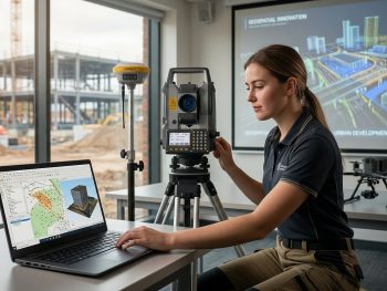 estudante-de-topografia-carreira-tecnologia-2026 Estudante de topografia utilizando tecnologias geoespaciais e equipamentos modernos para desenvolvimento profissional na área.