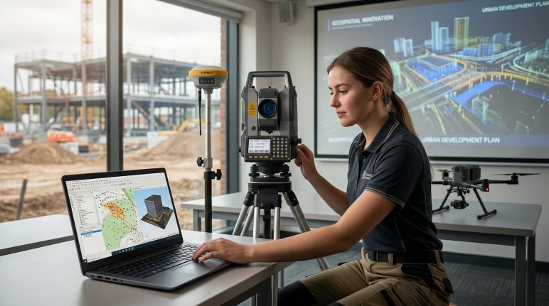 estudante-de-topografia-carreira-tecnologia-2026 Estudante de topografia utilizando tecnologias geoespaciais e equipamentos modernos para desenvolvimento profissional na área.