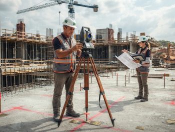 Topógrafo utilizando estação total robótica para realizar a fiscalização topográfica de uma obra, validando alinhamentos, nivelamentos e a conformidade da execução com o projeto.