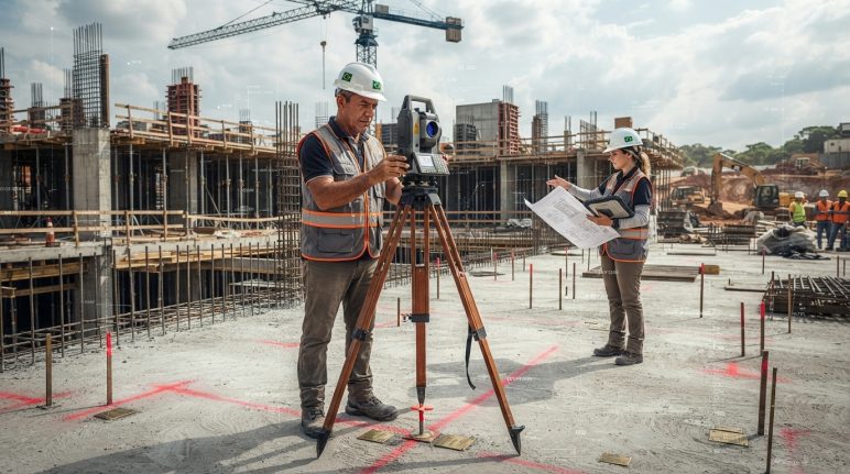 fiscalizacao-obras-topografia-controle-precisao Topógrafo utilizando estação total robótica para realizar a fiscalização topográfica de uma obra, validando alinhamentos, nivelamentos e a conformidade da execução com o projeto.