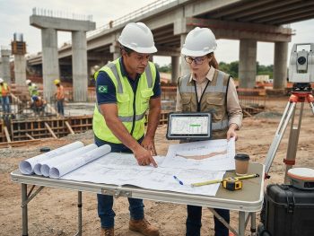fiscalizacao-topografica-validacao-conformidade-obras Topógrafo e engenheiro analisando relatórios e dados topográficos para validar a conformidade de uma obra com as especificações técnicas.