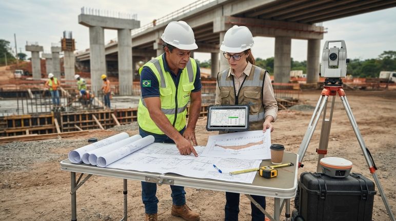 fiscalizacao-topografica-validacao-conformidade-obras Topógrafo e engenheiro analisando relatórios e dados topográficos para validar a conformidade de uma obra com as especificações técnicas.